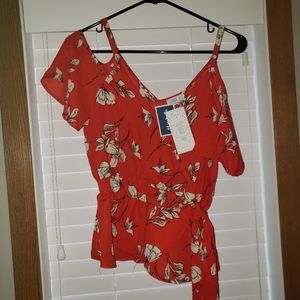 Red floral, sheer off the shoulder top